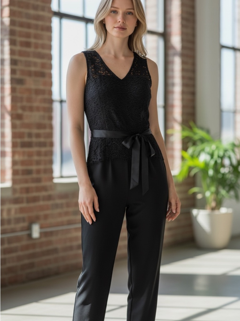 Donna Karan Black Lace Sleeveless Jumpsuit with Satin Waist Tie